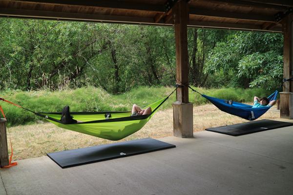 Two men relaxing in separate hammocks in a tranquil park setting