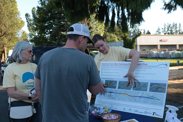Women explaining poster to community member
