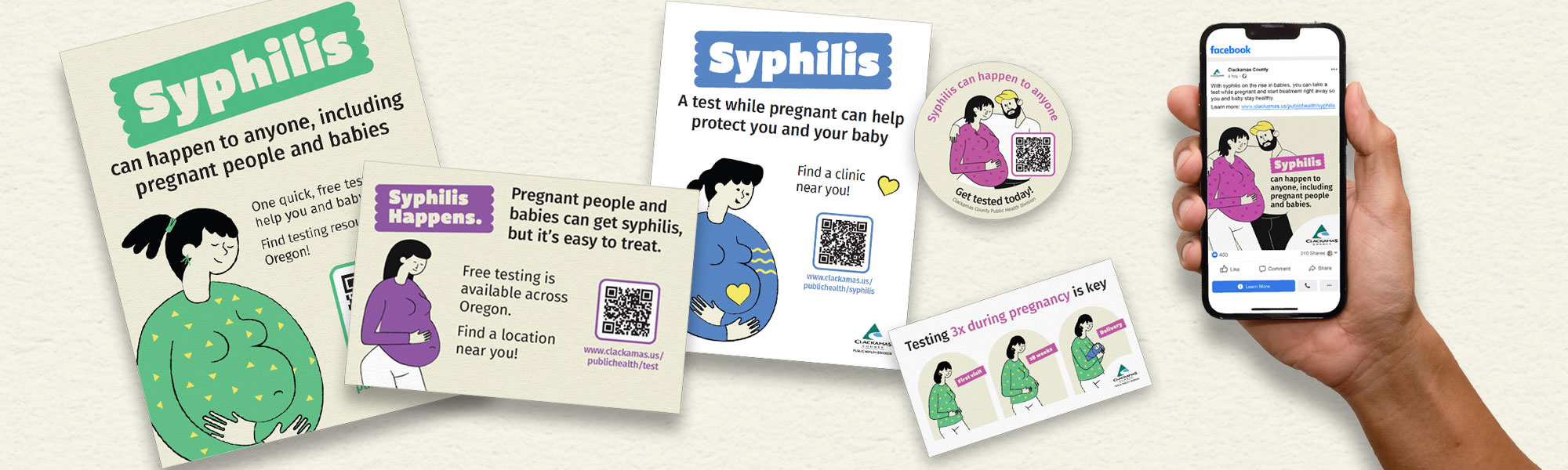 A collage of different syphilis outreach material, including a poster, flyer, postcard, magnet, sticker, and social media post