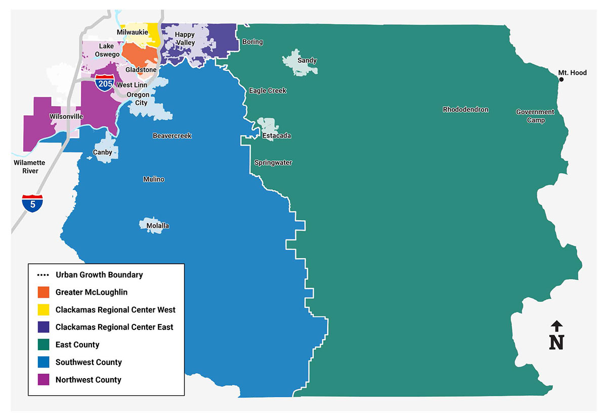 Map dividing Clackamas County into the subareas Greater McLoughlin, Clackamas Regional Center West, Clackamas Regional Center East, East County, Southwest County, and Northwest County