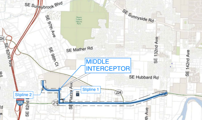 Map showing the Middle Interceptor route, primarily down Highway 212