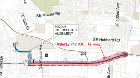 Map showing the Middle Interceptor route, primarily down Highway 212 highlighting the traffic control area