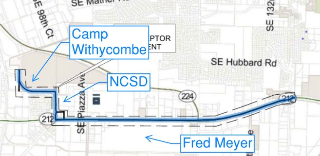 Map showing locations of Camp Withycombe, North Clackamas School District, and Fred Meyer