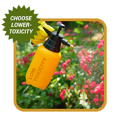 Person spraying plants with words Choose lower-toxicity